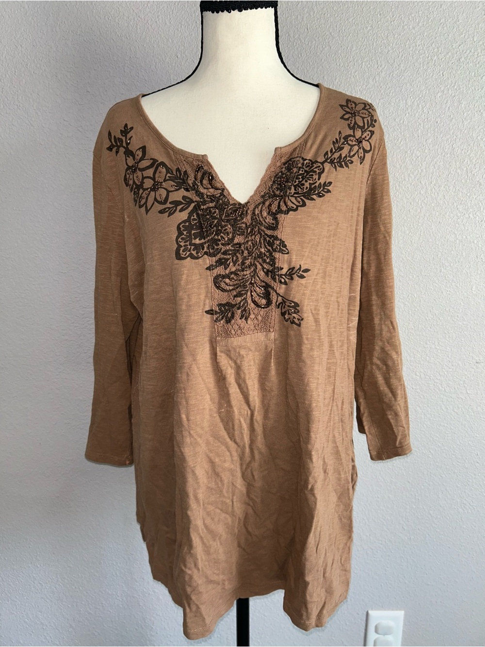 Women's Brown Embroidered V-Neck Tunic Top